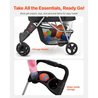 pet stroller foldable 3-wheel travel dog cart with brake up to 35lbs | EU