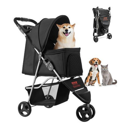 Pet Stroller, 35 lbs Weight Capacity, Foldable Dog Stroller Cart, 3 Wheels Cats Stroller with Mesh Windows and Cup Holders, Portable Pet Carrier Stroller with Brake, for Small to Medium Pets