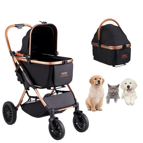 Pet Stroller, 4 Wheels Dog Stroller Rotate with Brakes, 66 lbs Weight Capacity, Puppy Stroller with Detachable Carrier, Storage Basket and Pet Pad, for Small to Medium Sized Dogs, Black