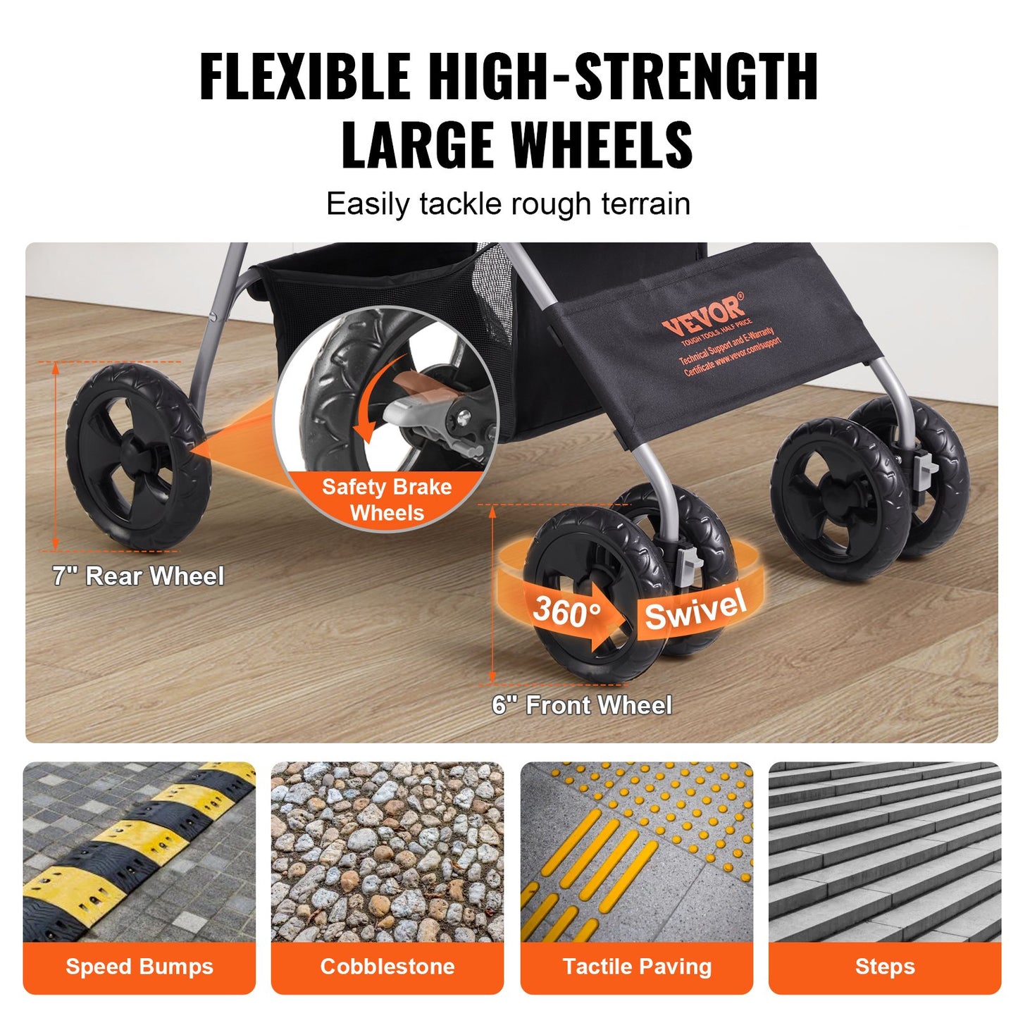 Haustier-Buggy, 4-Rad-Hundewagen, drehbar mit Bremsen, 15,9 kg Tragkraft, Welpen-Buggy mit abnehmbarer Trage, Aufbewahrungskorb und Getränkehalter, für Reisen mit Hunden und Katzen, Schwarz + Dunkelgrau