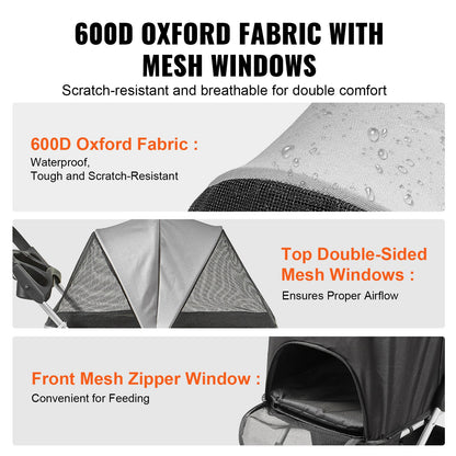 Haustier-Buggy, 4-Rad-Hundewagen, drehbar mit Bremsen, 15,9 kg Tragkraft, Welpen-Buggy mit abnehmbarer Trage, Aufbewahrungskorb und Getränkehalter, für Reisen mit Hunden und Katzen, Schwarz + Dunkelgrau