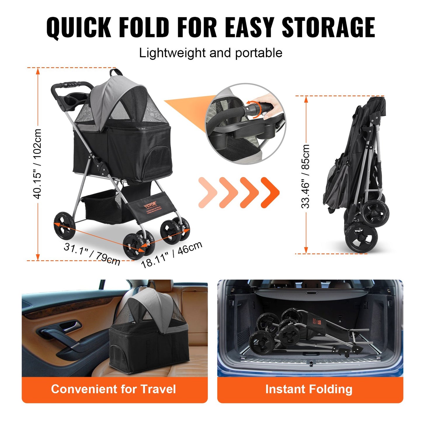 Haustier-Buggy, 4-Rad-Hundewagen, drehbar mit Bremsen, 15,9 kg Tragkraft, Welpen-Buggy mit abnehmbarer Trage, Aufbewahrungskorb und Getränkehalter, für Reisen mit Hunden und Katzen, Schwarz + Dunkelgrau