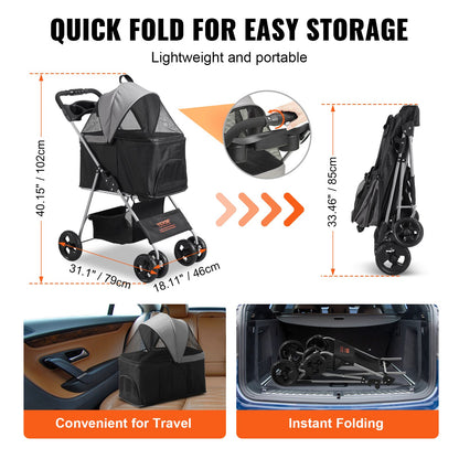Haustier-Buggy, 4-Rad-Hundewagen, drehbar mit Bremsen, 15,9 kg Tragkraft, Welpen-Buggy mit abnehmbarer Trage, Aufbewahrungskorb und Getränkehalter, für Reisen mit Hunden und Katzen, Schwarz + Dunkelgrau