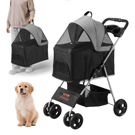 Pet Stroller, 4-Wheel Dog Cart Rotate with Brakes, 35lbs Weight Capacity, Puppy Stroller with Removable Carrier, Storage Basket and Cup Holder, for Dogs and Cats Travel, Black+Dark Gray