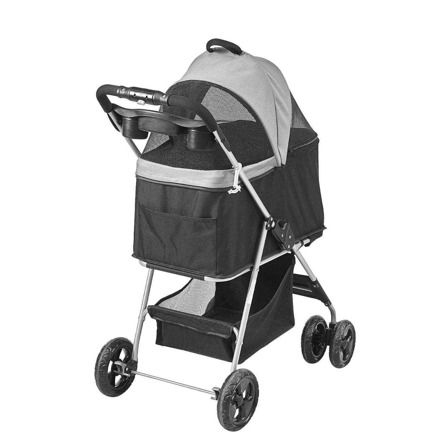 Haustier-Buggy, 4-Rad-Hundewagen, drehbar mit Bremsen, 15,9 kg Tragkraft, Welpen-Buggy mit abnehmbarer Trage, Aufbewahrungskorb und Getränkehalter, für Reisen mit Hunden und Katzen, Schwarz + Dunkelgrau