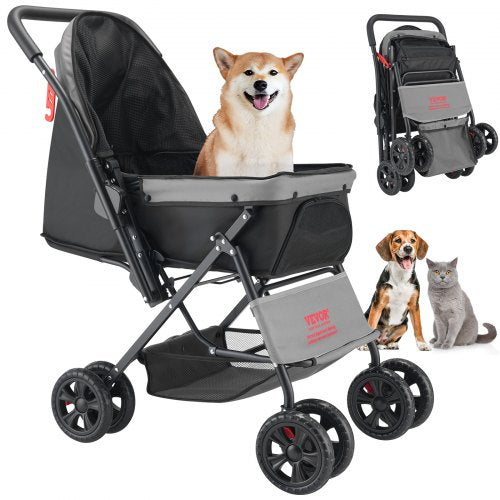 Pet Stroller, 44 lbs Weight Capacity, Foldable Dog Stroller Cart, 4 Wheels Cats Stroller with Mesh Windows & Revrsible Handle, Portable Pet Carrier Stroller with Brake, for Small to Medium Pets