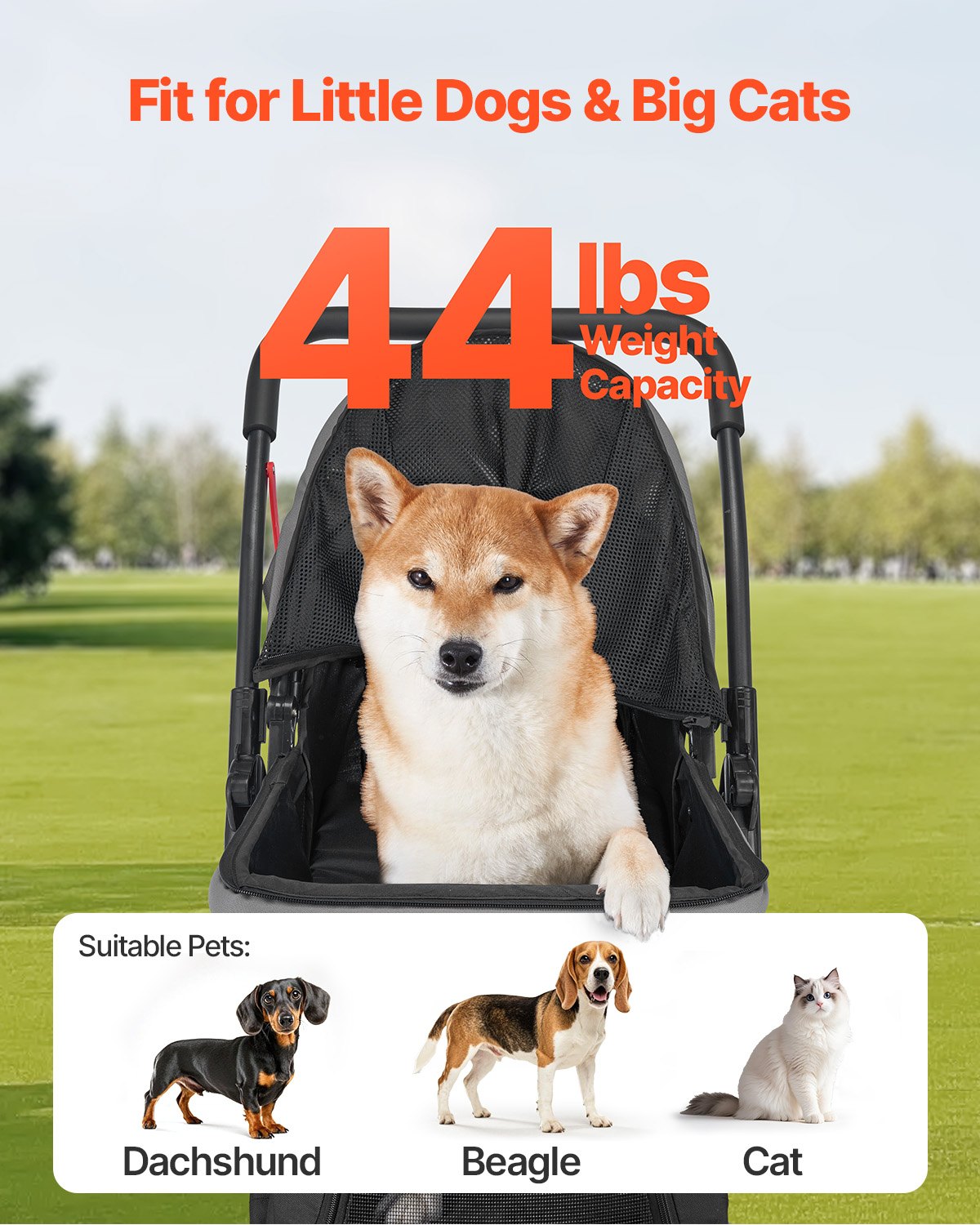 Pet Stroller, 44 lbs Weight Capacity, Foldable Dog Stroller Cart, 4 Wheels Cats Stroller with Mesh Windows & Revrsible Handle, Portable Pet Carrier Stroller with Brake, for Small to Medium Pets