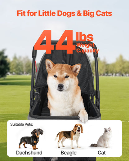 Pet Stroller, 44 lbs Weight Capacity, Foldable Dog Stroller Cart, 4 Wheels Cats Stroller with Mesh Windows & Revrsible Handle, Portable Pet Carrier Stroller with Brake, for Small to Medium Pets