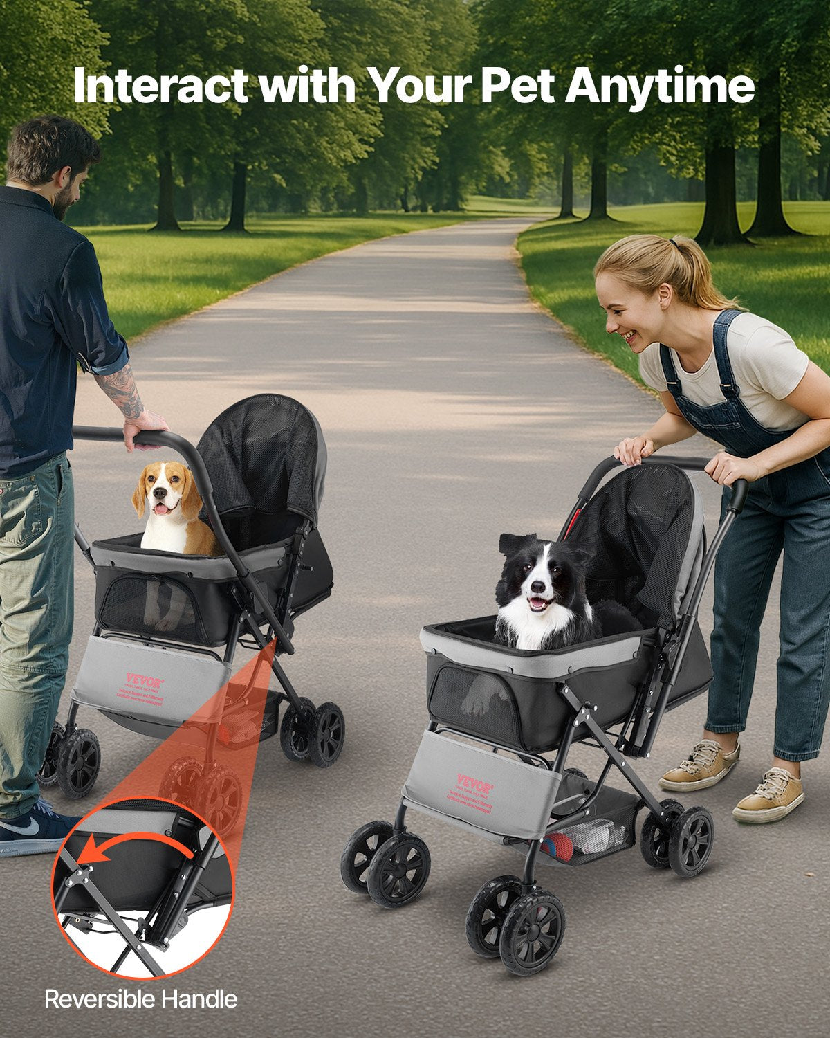 Pet Stroller, 44 lbs Weight Capacity, Foldable Dog Stroller Cart, 4 Wheels Cats Stroller with Mesh Windows & Revrsible Handle, Portable Pet Carrier Stroller with Brake, for Small to Medium Pets