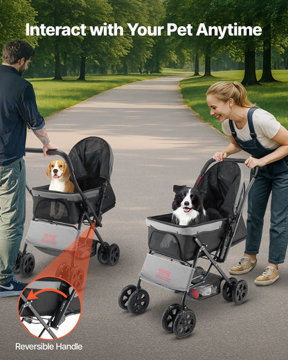 Pet Stroller, 44 lbs Weight Capacity, Foldable Dog Stroller Cart, 4 Wheels Cats Stroller with Mesh Windows & Revrsible Handle, Portable Pet Carrier Stroller with Brake, for Small to Medium Pets