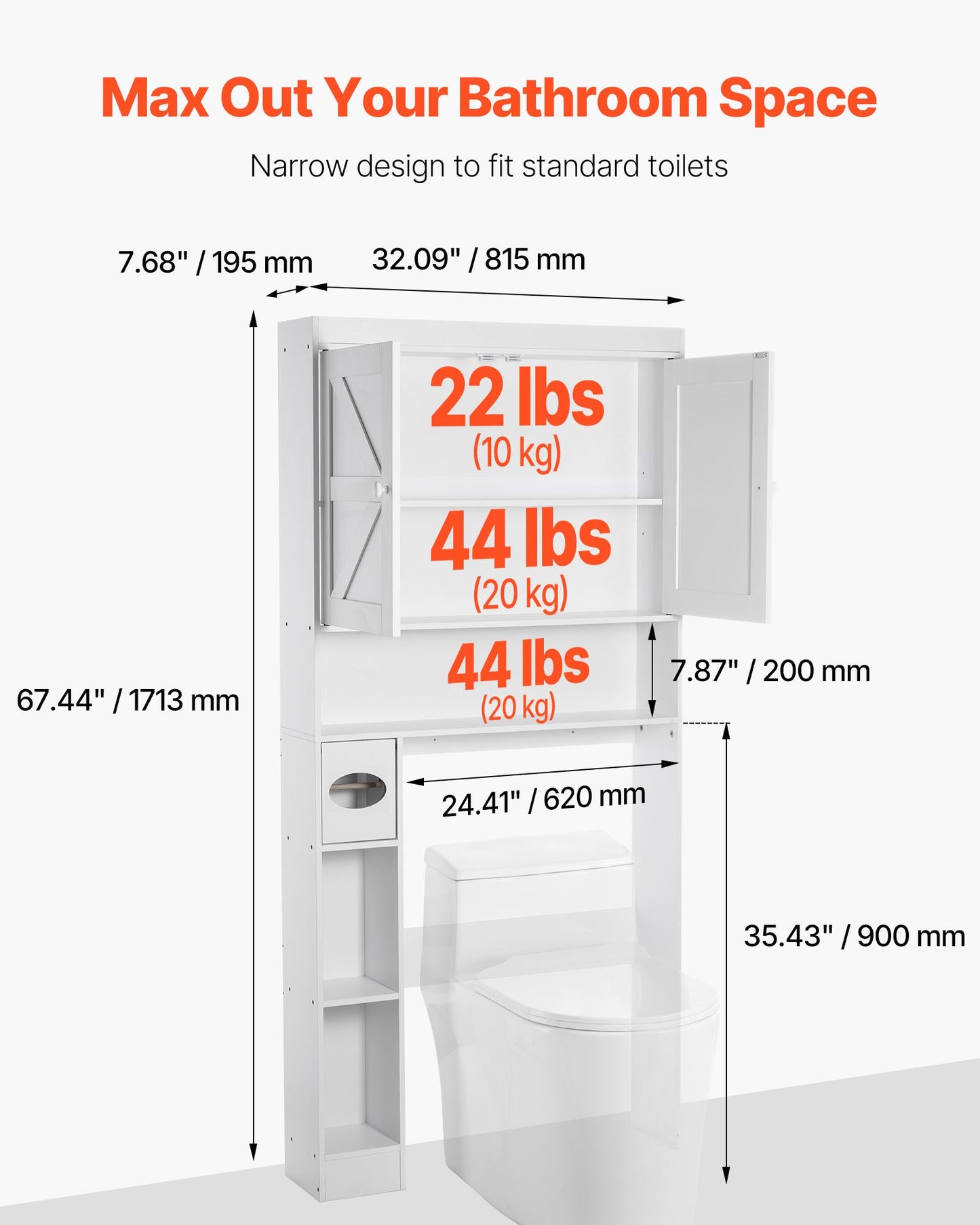 Over The Toilet Storage Cabinet, 67.44 in Height Bathroom Storage Organizer with Double Door and Adjustable Shelf, Bathroom Space Saver Organizer Above Toilet with Open Shelf, White