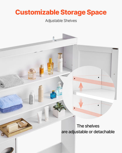 Over The Toilet Storage Cabinet, 67.44 in Height Bathroom Storage Organizer with Double Door and Adjustable Shelf, Bathroom Space Saver Organizer Above Toilet with Open Shelf, White