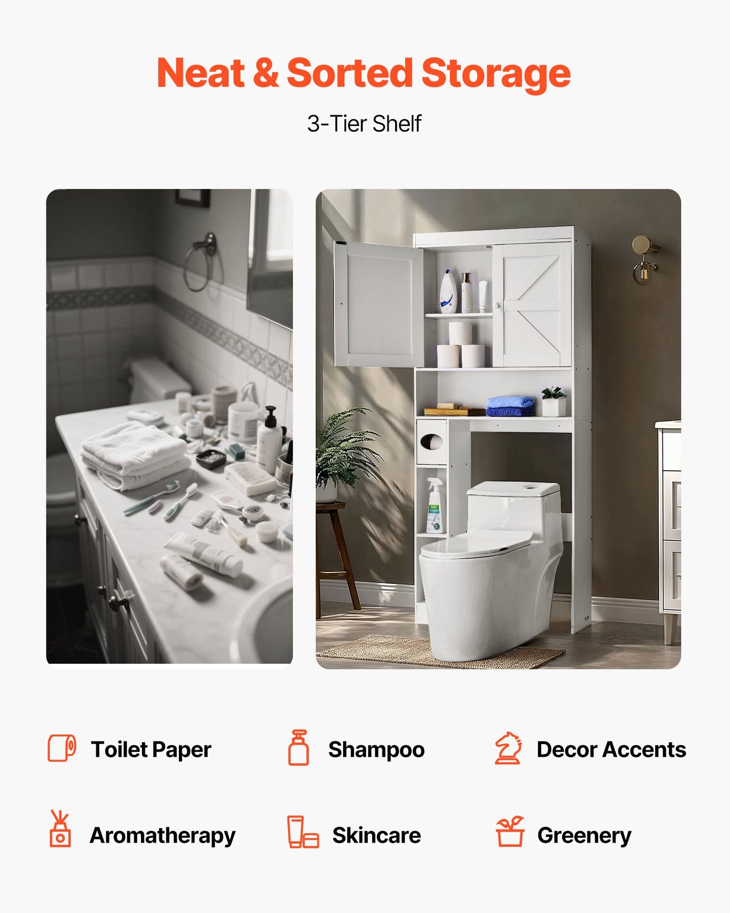 Over The Toilet Storage Cabinet, 67.44 in Height Bathroom Storage Organizer with Double Door and Adjustable Shelf, Bathroom Space Saver Organizer Above Toilet with Open Shelf, White