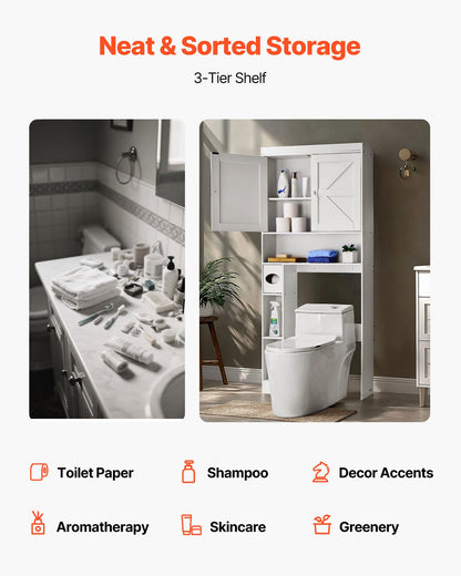 Over The Toilet Storage Cabinet, 67.44 in Height Bathroom Storage Organizer with Double Door and Adjustable Shelf, Bathroom Space Saver Organizer Above Toilet with Open Shelf, White