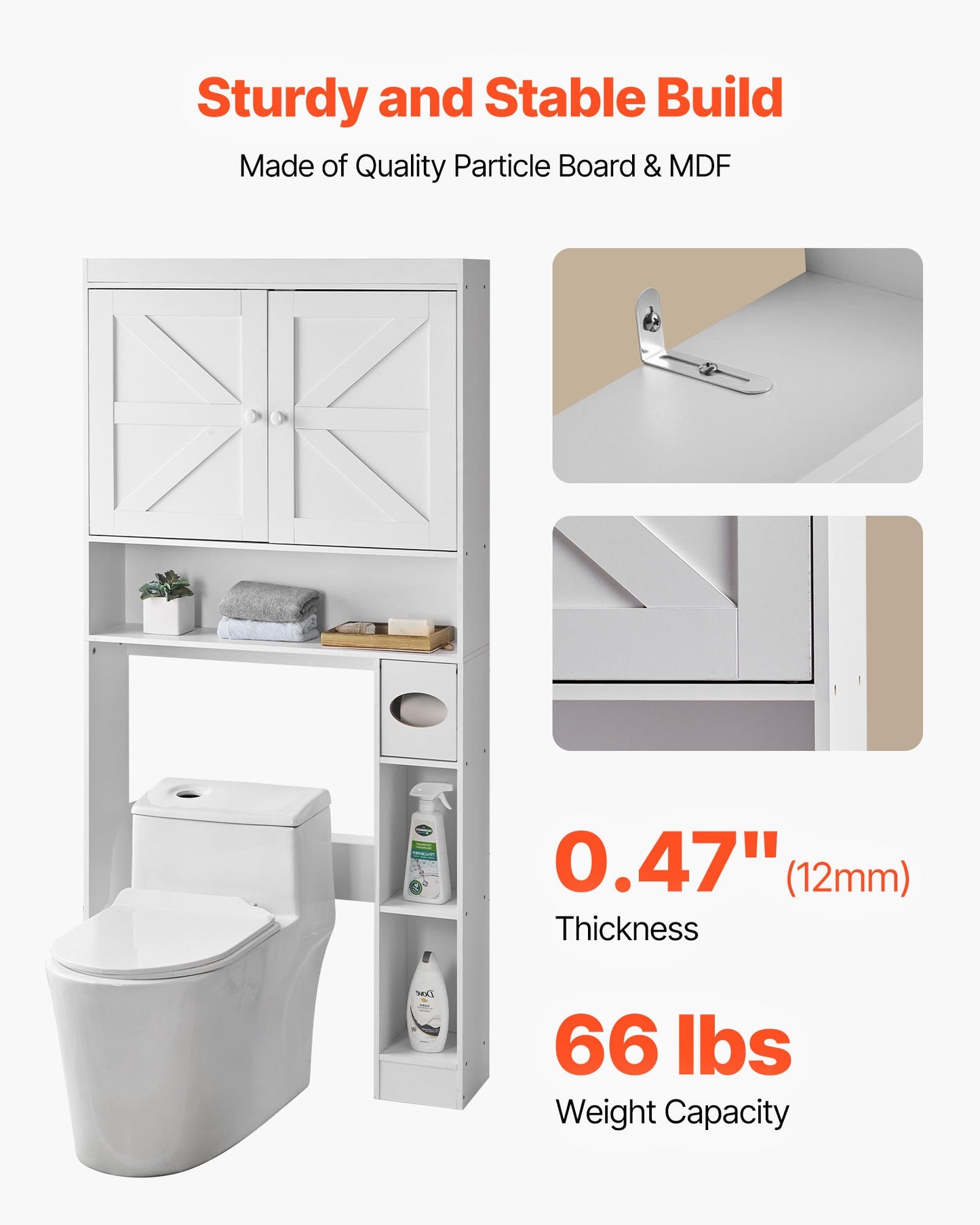 Over The Toilet Storage Cabinet, 67.44 in Height Bathroom Storage Organizer with Double Door and Adjustable Shelf, Bathroom Space Saver Organizer Above Toilet with Open Shelf, White