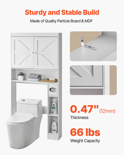 Over The Toilet Storage Cabinet, 67.44 in Height Bathroom Storage Organizer with Double Door and Adjustable Shelf, Bathroom Space Saver Organizer Above Toilet with Open Shelf, White