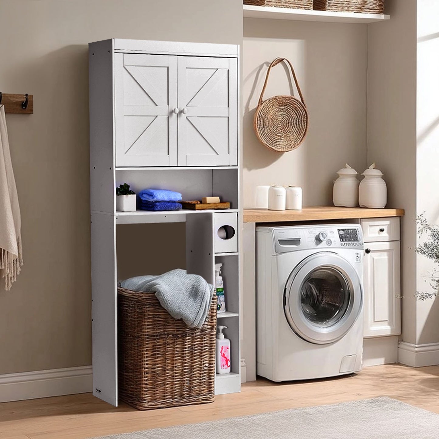 Over The Toilet Storage Cabinet, 67.44 in Height Bathroom Storage Organizer with Double Door and Adjustable Shelf, Bathroom Space Saver Organizer Above Toilet with Open Shelf, White