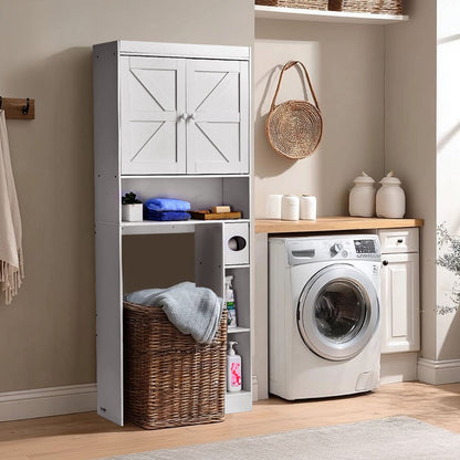 Over The Toilet Storage Cabinet, 67.44 in Height Bathroom Storage Organizer with Double Door and Adjustable Shelf, Bathroom Space Saver Organizer Above Toilet with Open Shelf, White