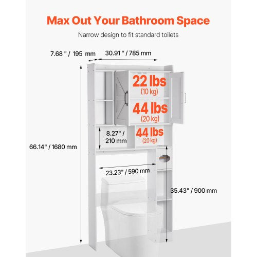 Bathroom cabinet over the toilet with adjustable shelf white 152 cm high