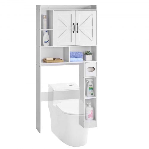 Over The Toilet Storage Cabinet, 66.14 in Height Bathroom Storage Organizer with Double Door and Adjustable Shelf, Bathroom Space Saver Organizer Above Toilet with Open Shelf, White
