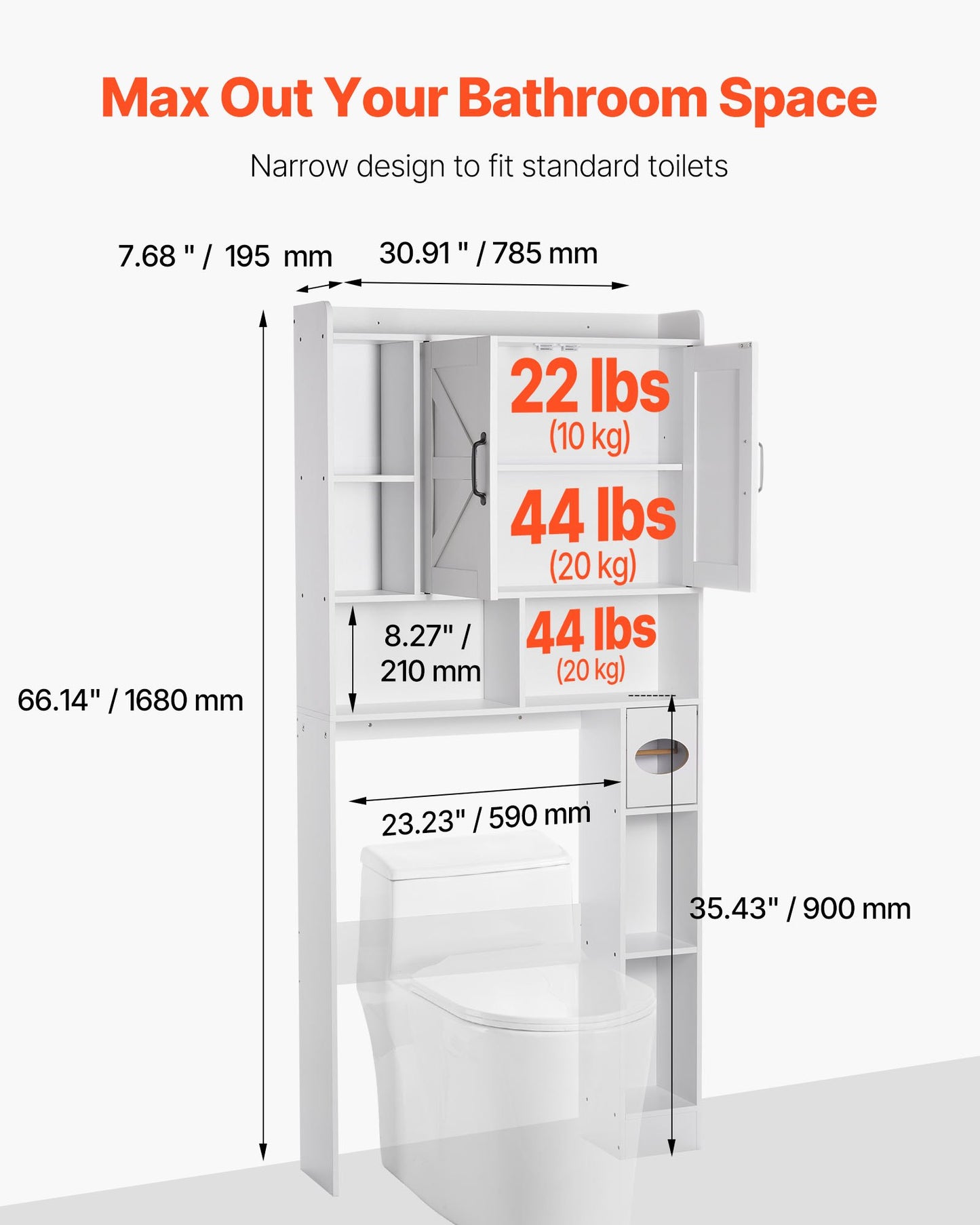 Over The Toilet Storage Cabinet, 66.14 in Height Bathroom Storage Organizer with Double Door and Adjustable Shelf, Bathroom Space Saver Organizer Above Toilet with Open Shelf, White