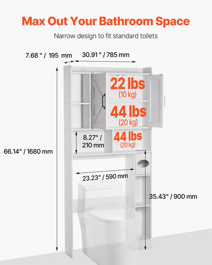 Over The Toilet Storage Cabinet, 66.14 in Height Bathroom Storage Organizer with Double Door and Adjustable Shelf, Bathroom Space Saver Organizer Above Toilet with Open Shelf, White