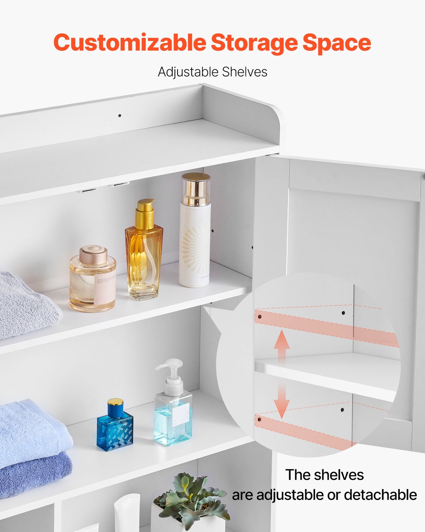 Over The Toilet Storage Cabinet, 66.14 in Height Bathroom Storage Organizer with Double Door and Adjustable Shelf, Bathroom Space Saver Organizer Above Toilet with Open Shelf, White