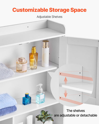 Over The Toilet Storage Cabinet, 66.14 in Height Bathroom Storage Organizer with Double Door and Adjustable Shelf, Bathroom Space Saver Organizer Above Toilet with Open Shelf, White