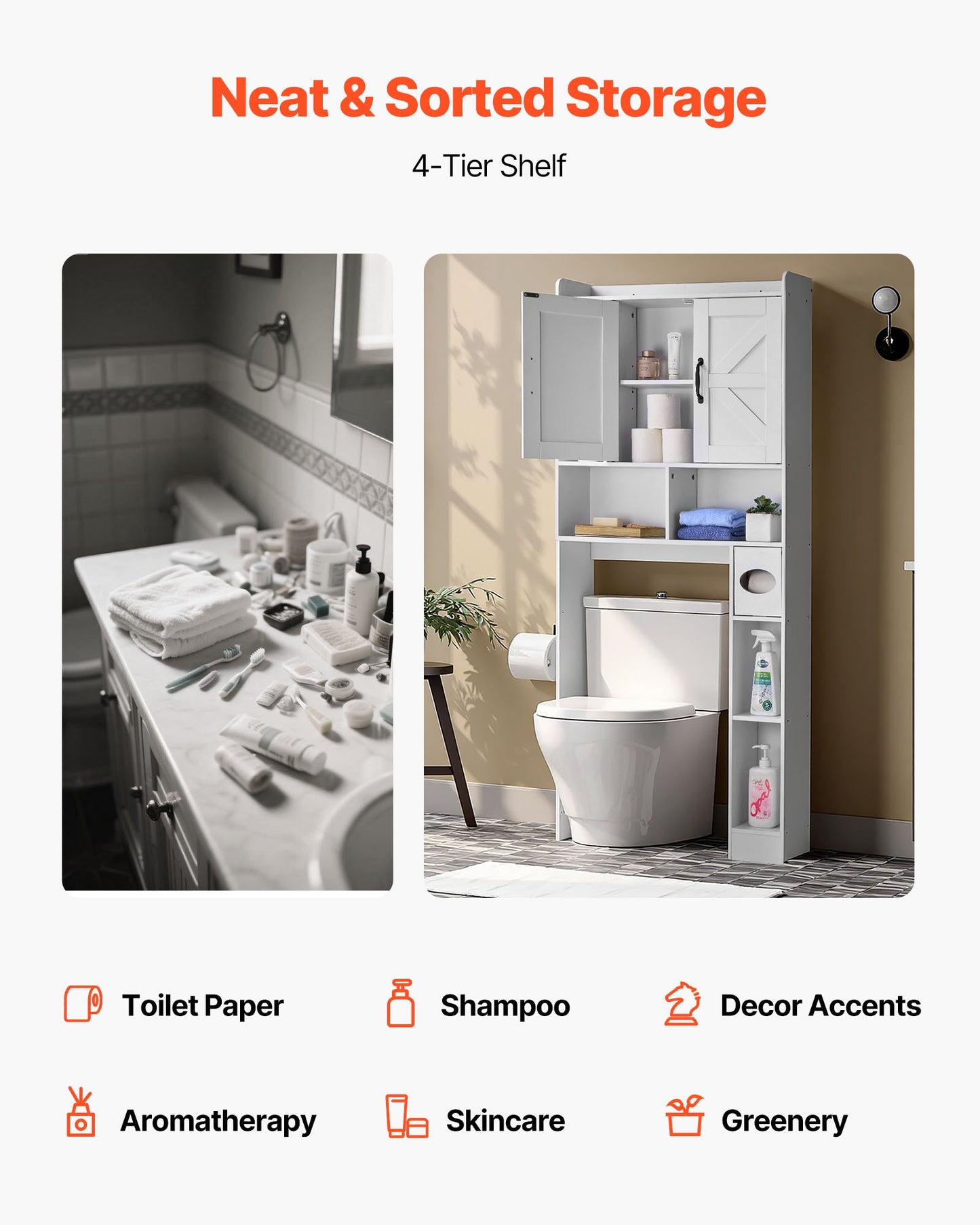 Over The Toilet Storage Cabinet, 66.14 in Height Bathroom Storage Organizer with Double Door and Adjustable Shelf, Bathroom Space Saver Organizer Above Toilet with Open Shelf, White