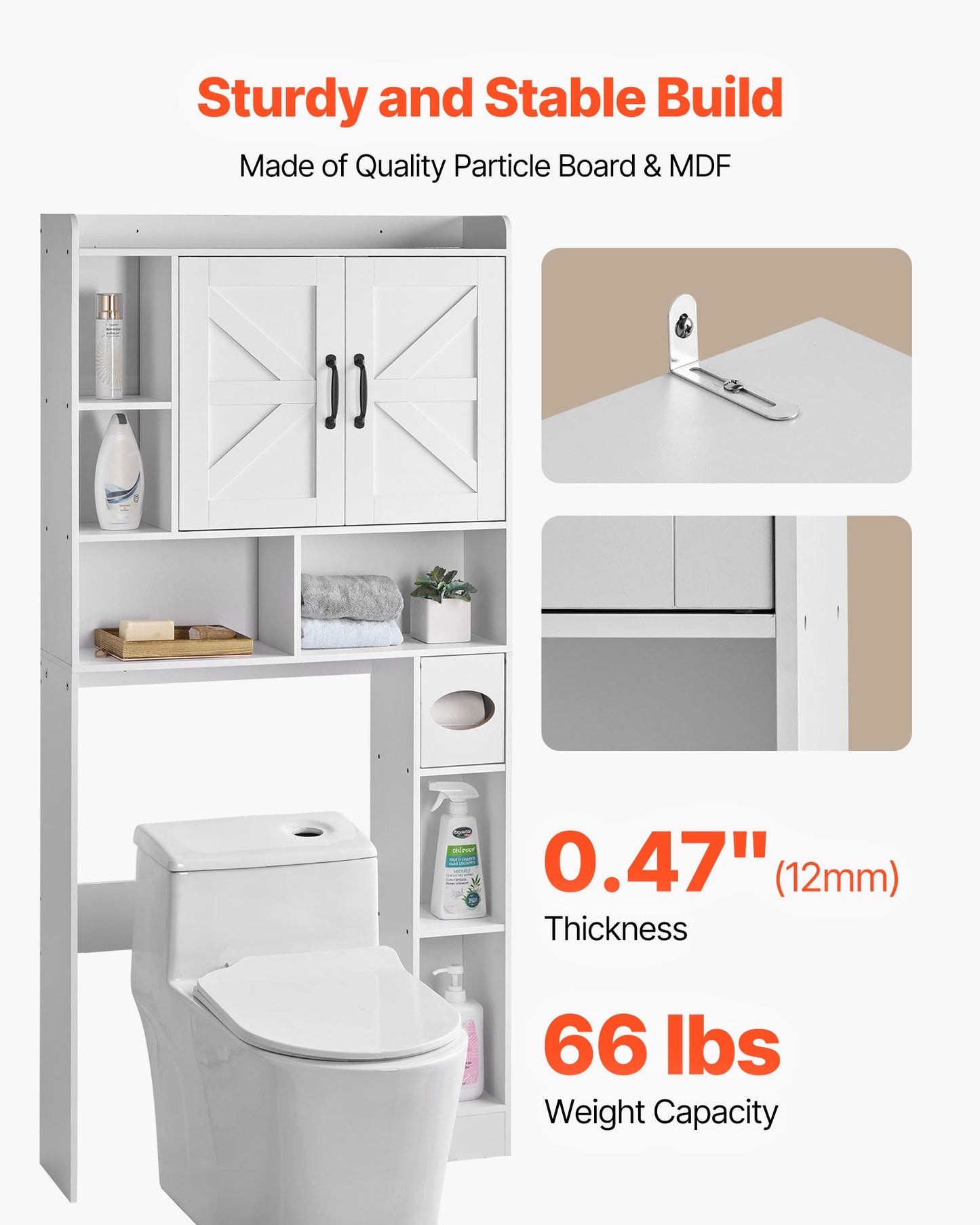 Over The Toilet Storage Cabinet, 66.14 in Height Bathroom Storage Organizer with Double Door and Adjustable Shelf, Bathroom Space Saver Organizer Above Toilet with Open Shelf, White