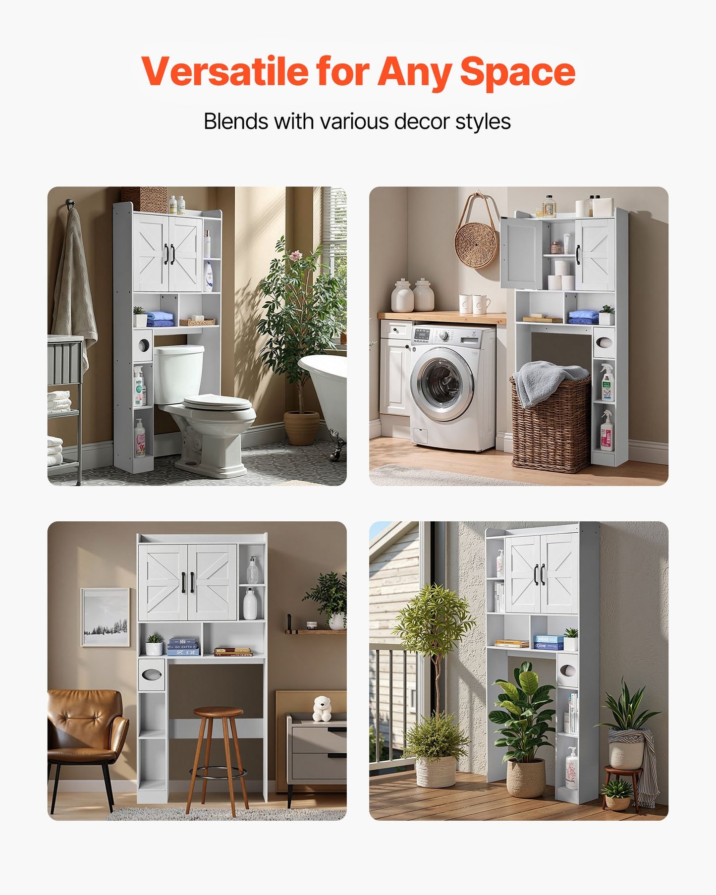 Over The Toilet Storage Cabinet, 66.14 in Height Bathroom Storage Organizer with Double Door and Adjustable Shelf, Bathroom Space Saver Organizer Above Toilet with Open Shelf, White