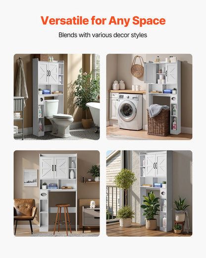 Over The Toilet Storage Cabinet, 66.14 in Height Bathroom Storage Organizer with Double Door and Adjustable Shelf, Bathroom Space Saver Organizer Above Toilet with Open Shelf, White