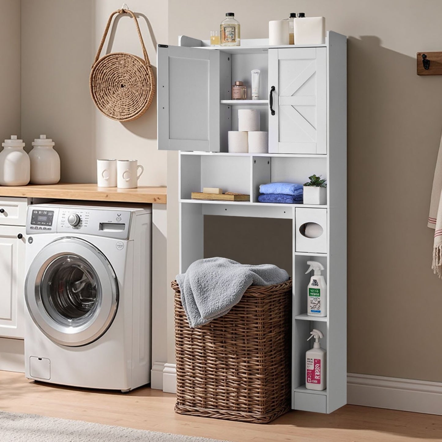 Over The Toilet Storage Cabinet, 66.14 in Height Bathroom Storage Organizer with Double Door and Adjustable Shelf, Bathroom Space Saver Organizer Above Toilet with Open Shelf, White