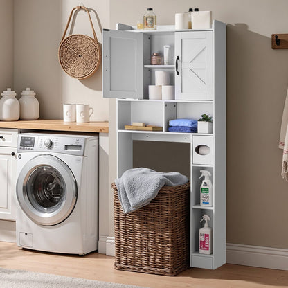 Over The Toilet Storage Cabinet, 66.14 in Height Bathroom Storage Organizer with Double Door and Adjustable Shelf, Bathroom Space Saver Organizer Above Toilet with Open Shelf, White