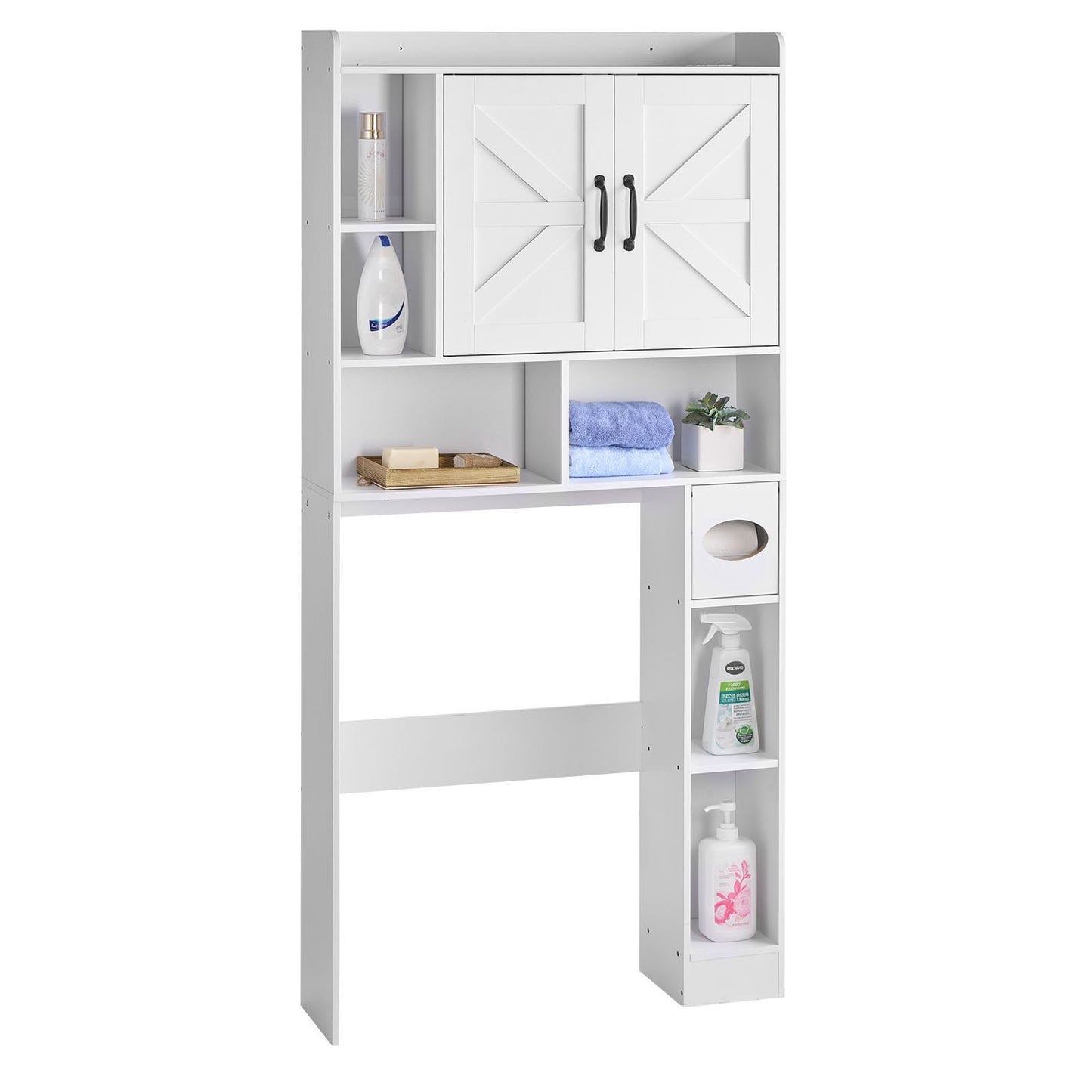 Over The Toilet Storage Cabinet, 66.14 in Height Bathroom Storage Organizer with Double Door and Adjustable Shelf, Bathroom Space Saver Organizer Above Toilet with Open Shelf, White