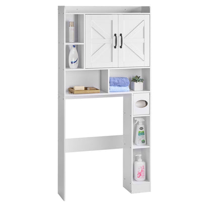 Over The Toilet Storage Cabinet, 66.14 in Height Bathroom Storage Organizer with Double Door and Adjustable Shelf, Bathroom Space Saver Organizer Above Toilet with Open Shelf, White
