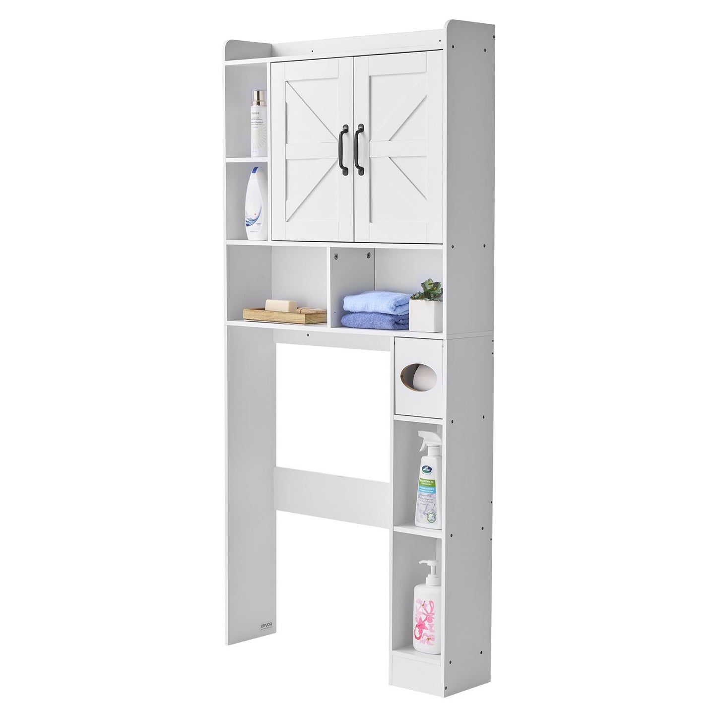 Over The Toilet Storage Cabinet, 66.14 in Height Bathroom Storage Organizer with Double Door and Adjustable Shelf, Bathroom Space Saver Organizer Above Toilet with Open Shelf, White
