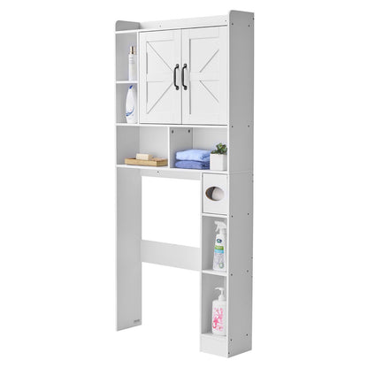 Over The Toilet Storage Cabinet, 66.14 in Height Bathroom Storage Organizer with Double Door and Adjustable Shelf, Bathroom Space Saver Organizer Above Toilet with Open Shelf, White