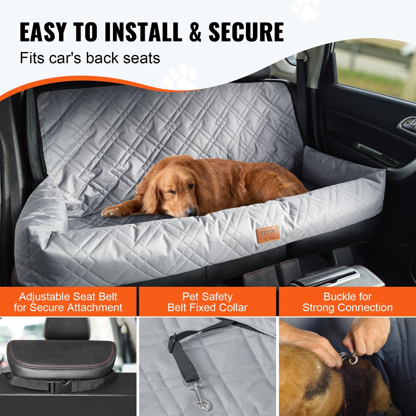 Dog Car Seat, Waterproof Dog Booster Seat for Car, Pet Car Seat with Clip-On Safety Leash, PP Cotton Filling, Dog Car Bed for Medium & Large Dog up to 100 lbs, Gray