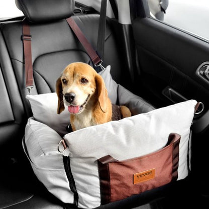 Dog Car Seat, Waterproof Dog Booster Seat for Car with Side Handles and A Storage Pocket, Clip-On Safety Leash and PP Cotton Filling, Dog Car Bed for Small Dog up to 25lbs, Gray