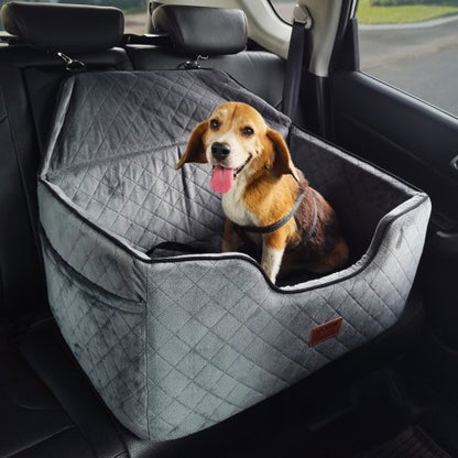 Dog Car Seat, Dog Booster Seat for Car with A Storage Pocket, Pet Car Seat with Clip-On Safety Leash, Sponge Filling, Dog Car Bed for Medium & Large Dog up to 55 lbs, Gray