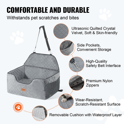 Dog Car Seat, Dog Booster Seat for Car with A Storage Pocket, Pet Car Seat with Clip-On Safety Leash, Sponge Filling, Dog Car Bed for Medium & Large Dog up to 55 lbs, Gray