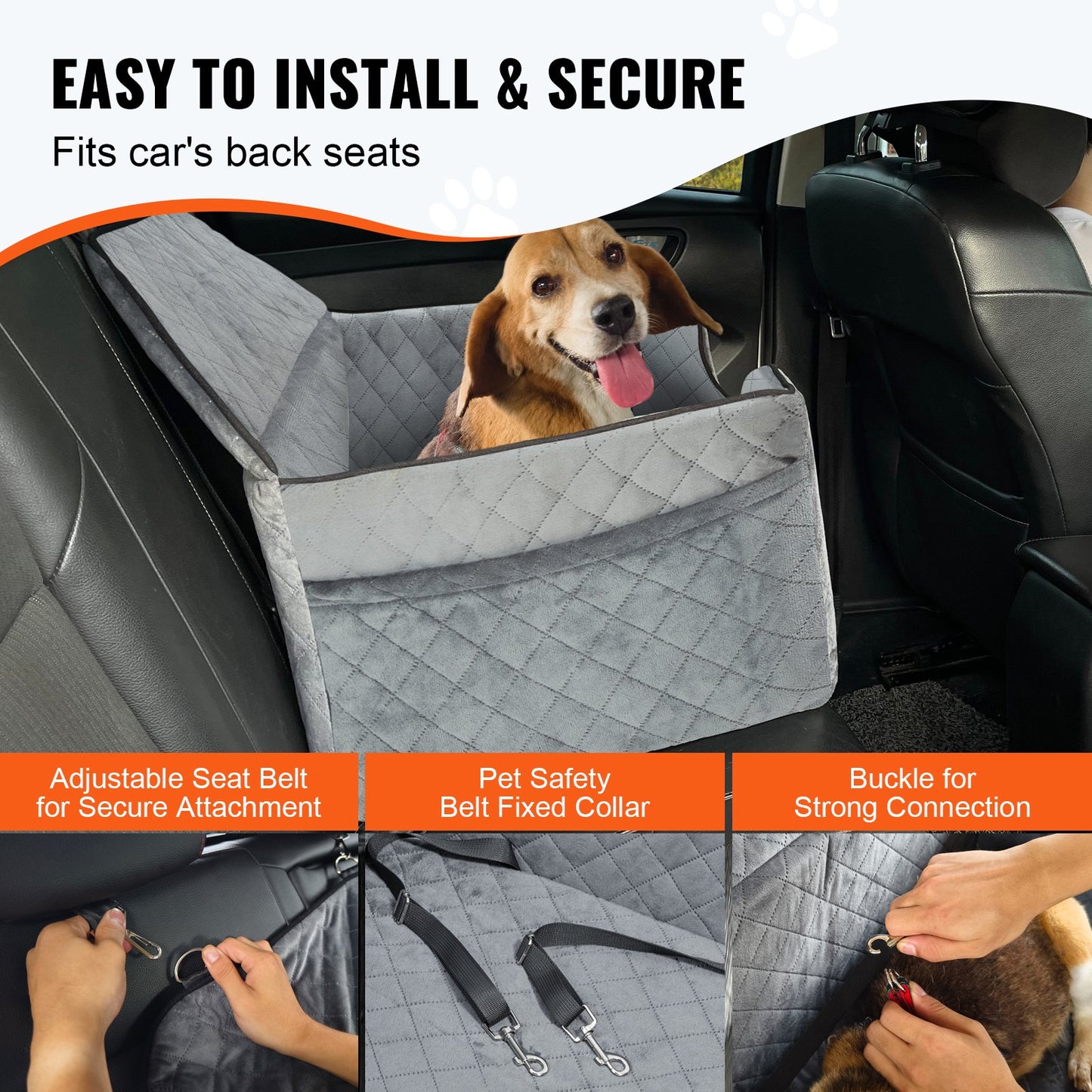Dog Car Seat, Dog Booster Seat for Car with A Storage Pocket, Pet Car Seat with Clip-On Safety Leash, Sponge Filling, Dog Car Bed for Medium & Large Dog up to 55 lbs, Gray