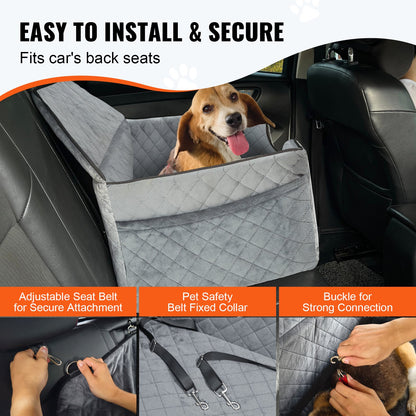 Dog Car Seat, Dog Booster Seat for Car with A Storage Pocket, Pet Car Seat with Clip-On Safety Leash, Sponge Filling, Dog Car Bed for Medium & Large Dog up to 55 lbs, Gray