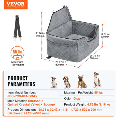 Dog Car Seat, Dog Booster Seat for Car with A Storage Pocket, Pet Car Seat with Clip-On Safety Leash, Sponge Filling, Dog Car Bed for Medium & Large Dog up to 55 lbs, Gray