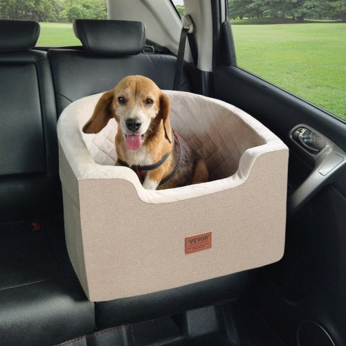 Dog Car Seat, Waterproof Dog Booster Seat for Car with A Storage Pocket, Clip-On Safety Leash and Sponge Filling, Dog Car Bed for Small & Medium Dog up to 55lbs, Brown