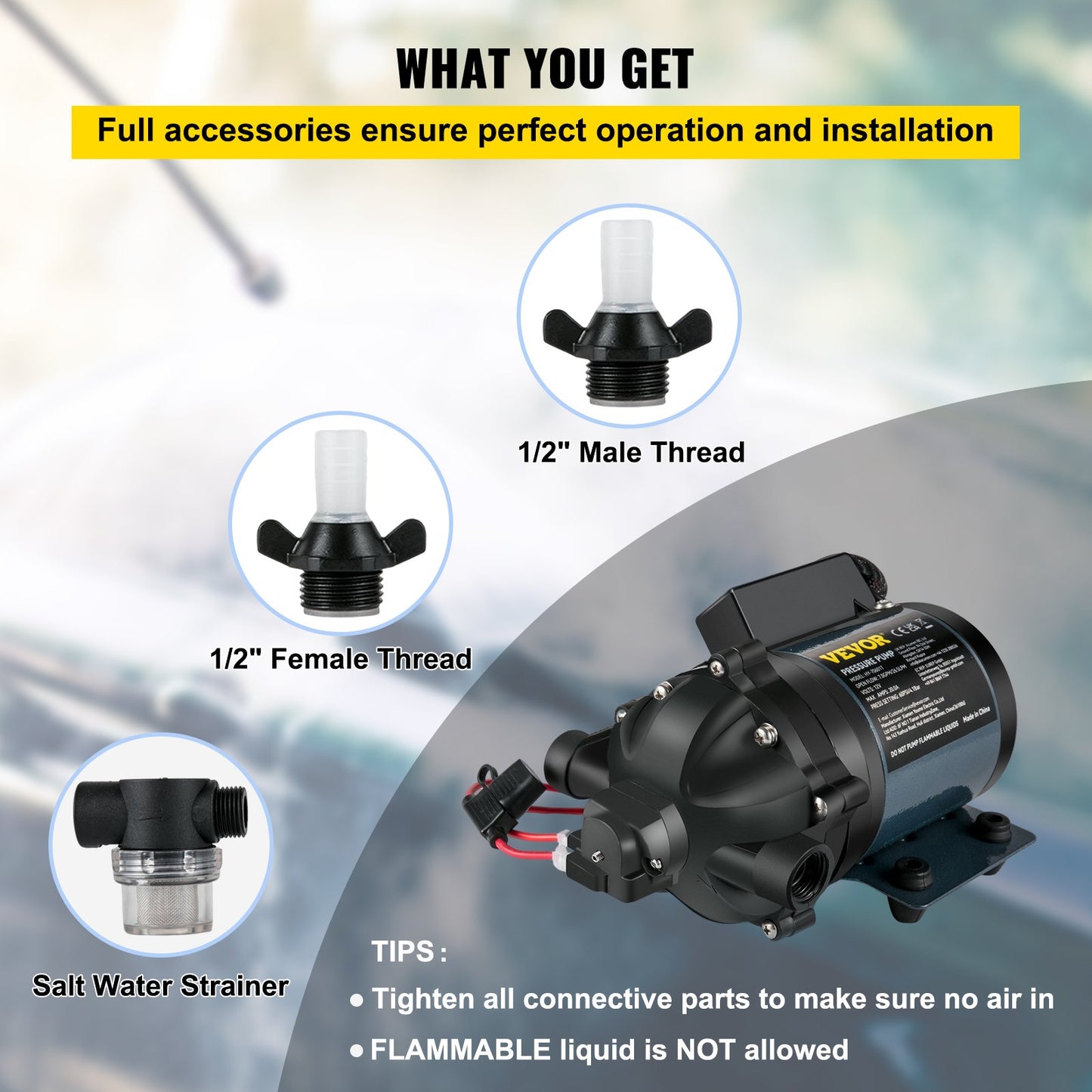 Washdown Pump, 12V DC, 7 GPM 60 PSI, Max. 10 FT Self-Priming Water Pump for Lifting, with EPDM Valve, Universal Saltwater Strainer &amp; Female/Male Thread, for RV, Marine Deck, Yacht