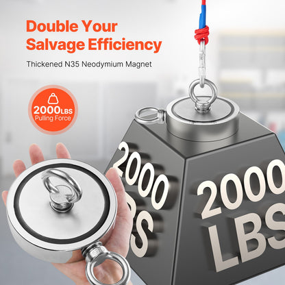 2000 LBS Strong Fishing Magnet Kit Dubbelsidig dragkraftsrep karbinhake