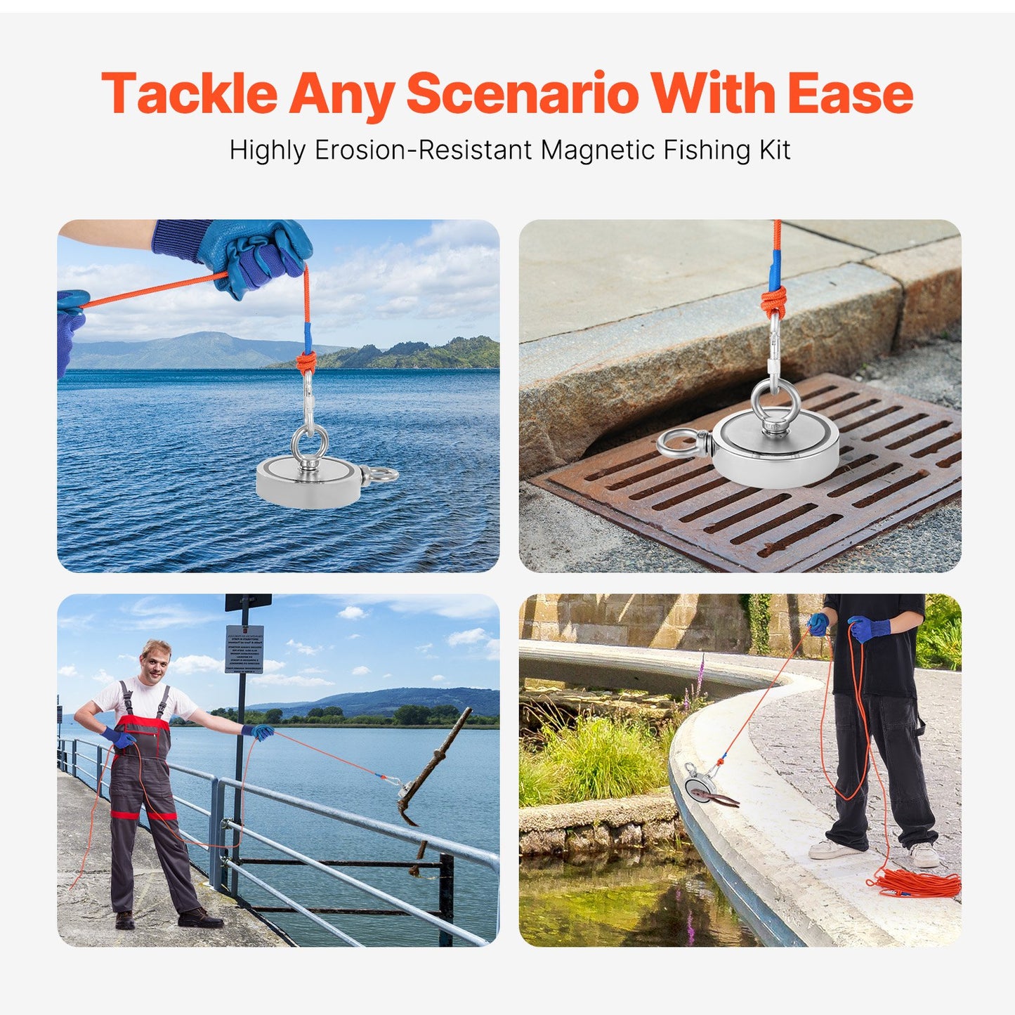 2000 LBS Strong Fishing Magnet Kit Dubbelsidig dragkraftsrep karbinhake