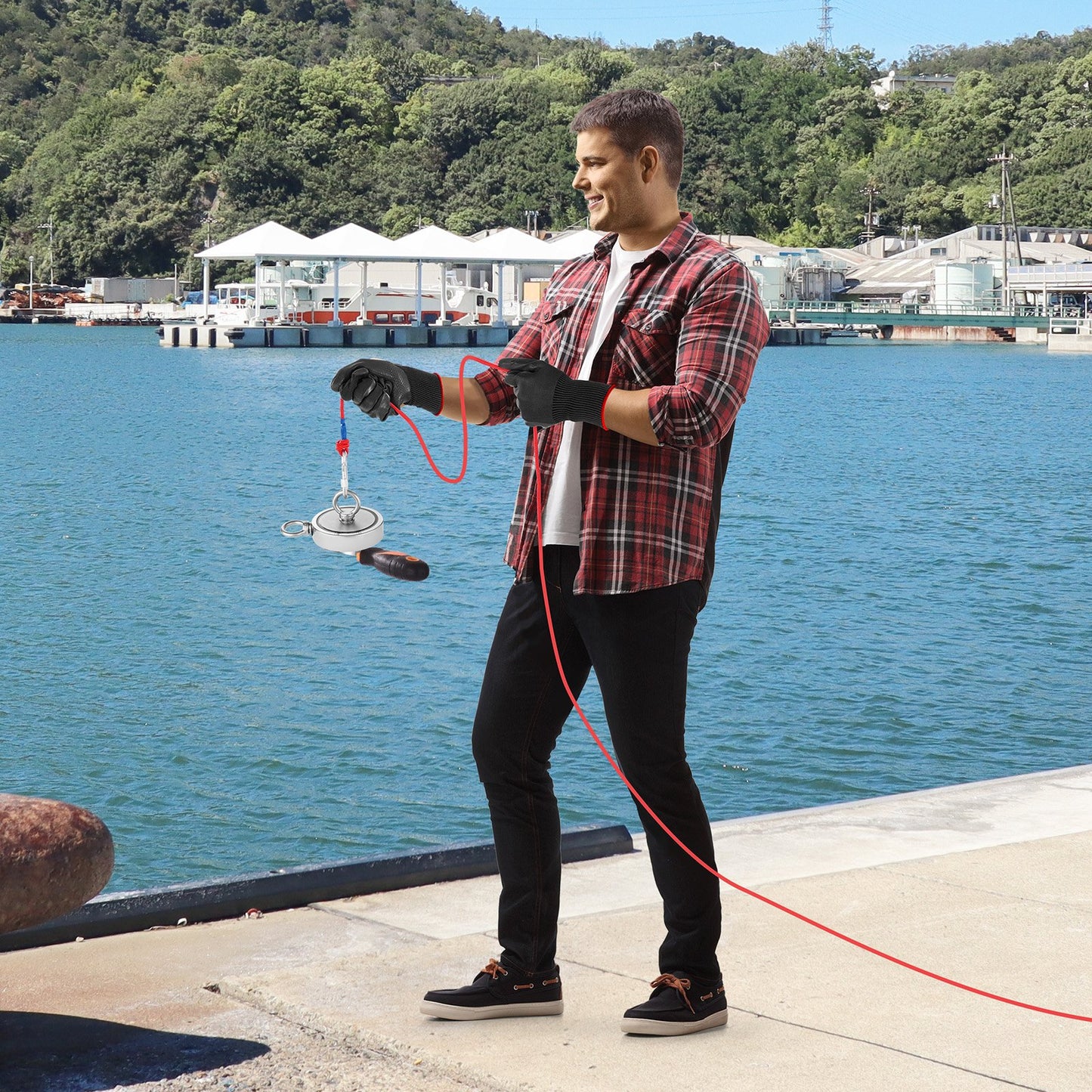 Magnet Fishing Kit, 2000 LBS/907 Kg Double-Sided Pulling Force Strong Magnet Fishing Kit, Rare Earth Neodymium Magnetic Fishing Kit Includes Grappling Hook, Heavy Duty Rope, Gloves and Eyebolt